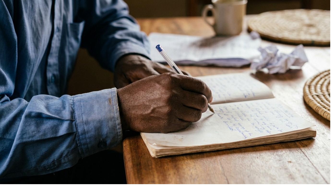 A quiet still-life scene of a hand writing in a notebook